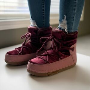 NWT Inuikii Classic Velvet Sneaker Boots Rose Burgundy Shearling Lined EU 37
